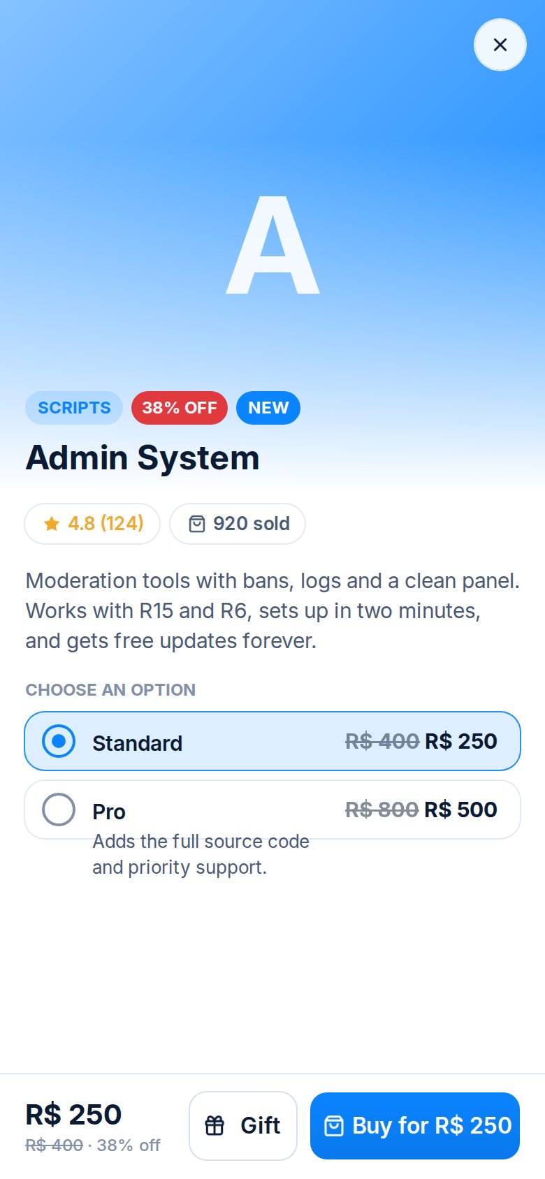 A product page in the hub on a phone, with options and Buy and Gift buttons