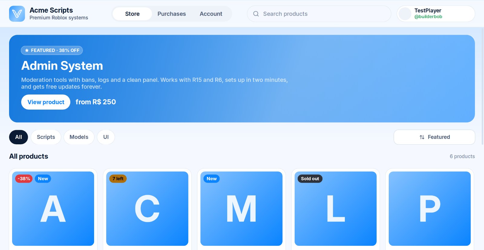A Vendora store hub in Roblox: featured product, categories and product cards